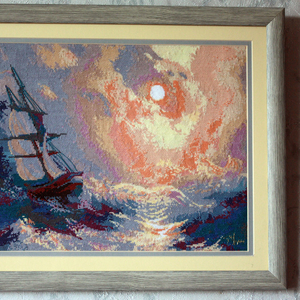 Картина «Буря на море ночью»,  ручная работа,  вышивка.